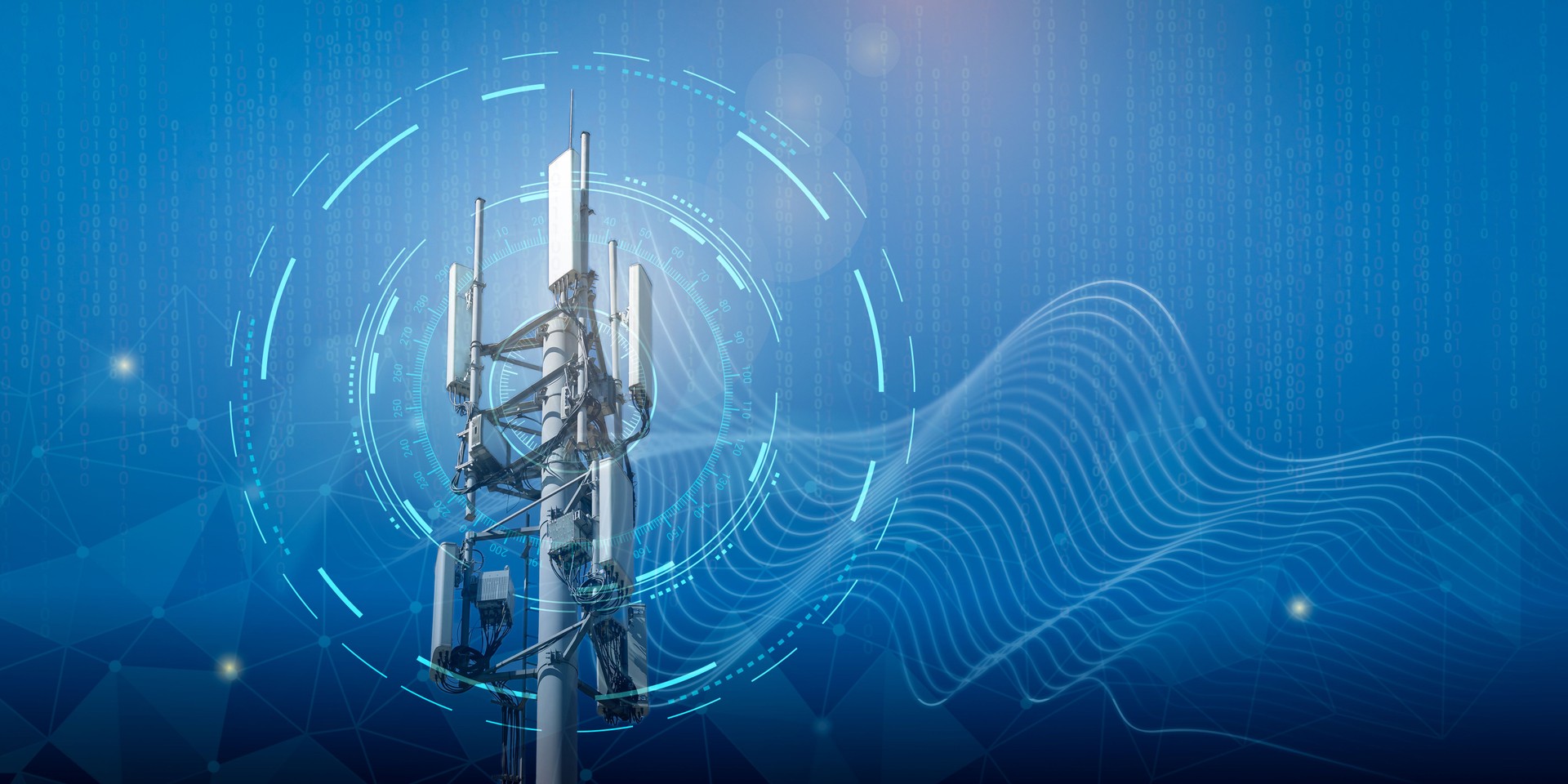 Telecommunication tower with 4G, 5G transmitters. Cellular base station with transmitting antennas on telecommunication tower against abstract technological background.